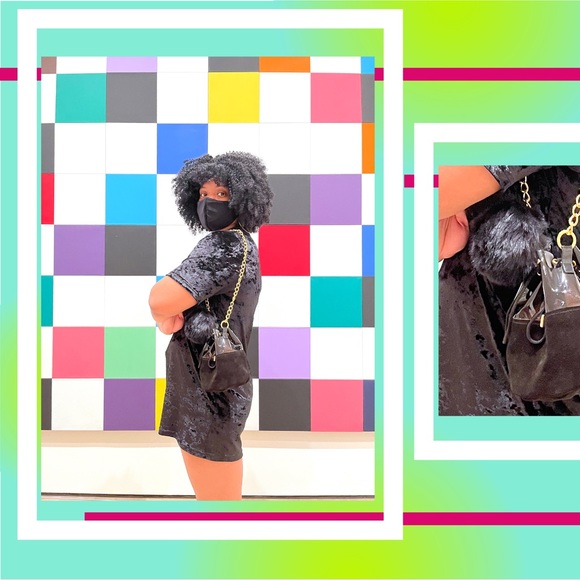 Handmade Black Suede and Vinyl Bucket Bag with PomPom - Picture 2 of 6